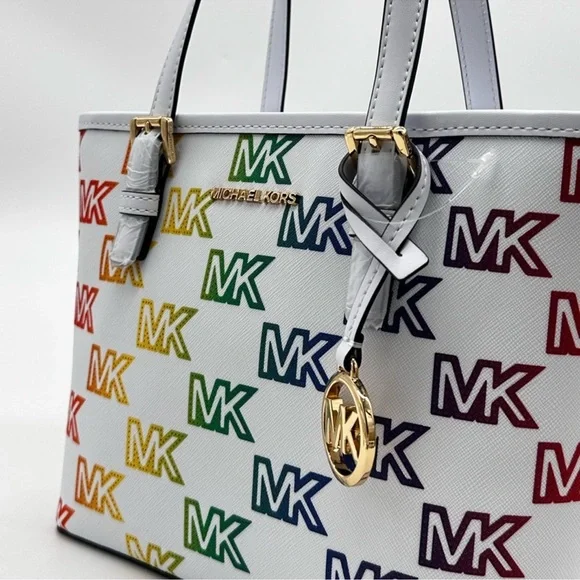 Michael Kors Jet Set Travel Extra-Small Top Zip Tote Bag Rainbow Optic White - Picture 5 of 11